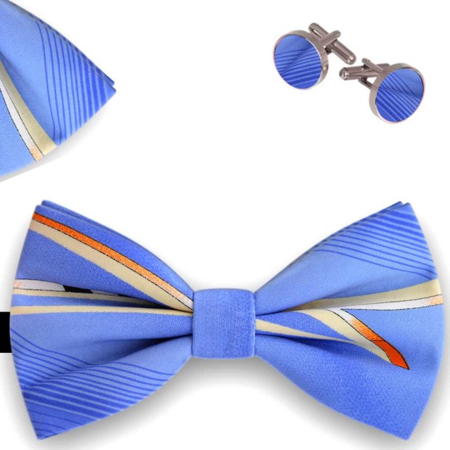 Set papion barbati, batista, butoni, albastru azur, Imprimeu dungi